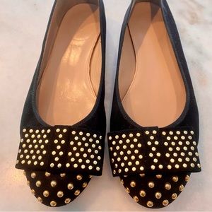 JCrew Luxe Blk Suede/Brass/Grosgrain super chic studded ballet flats w/bow